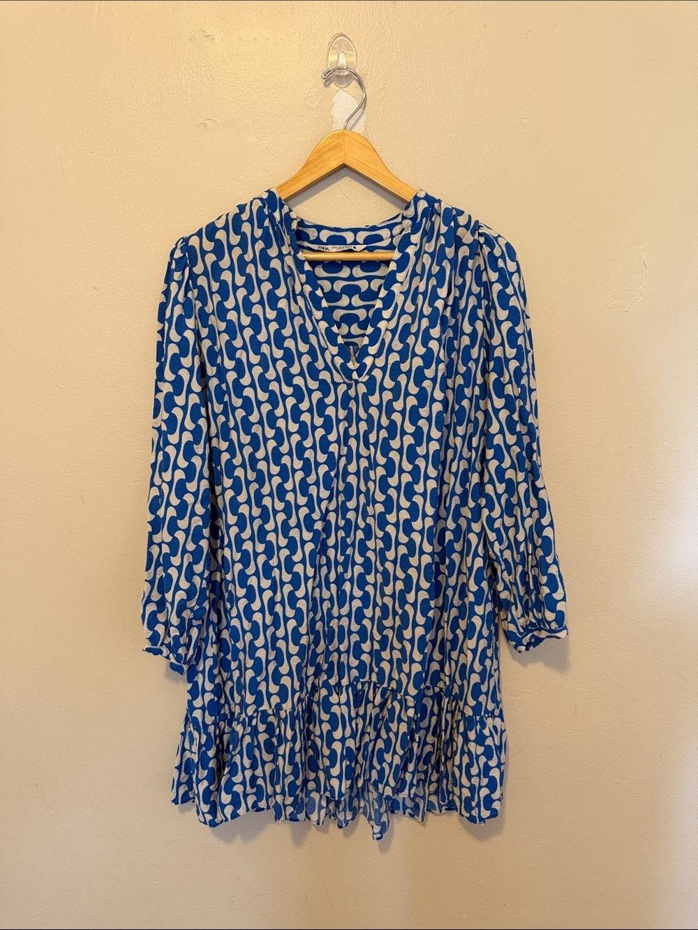 Zara Blue & White Geometric V-Neck Tunic Dress